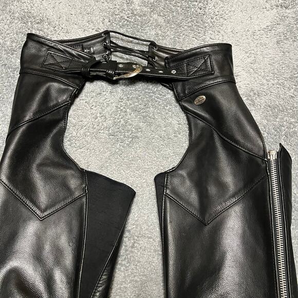 Harley Davidson Women's Leather Motorcycle Chaps Small Long Biker Riding Black - Picture 2 of 8